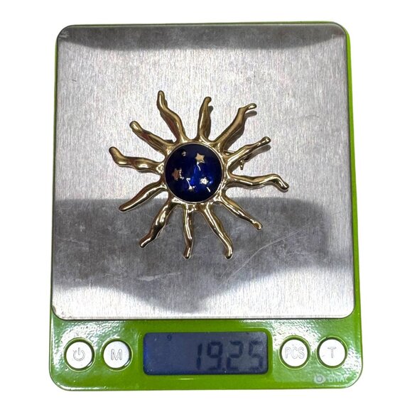 Celestial Witch Goth Gold-Tone Sunburst Brooch Blue Enamel Center & Star Accents - Picture 5 of 5